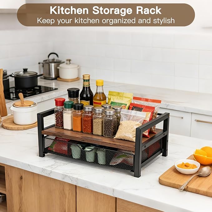 Tea Bag Organizer Holder, Wood Tea Box Organizer with 6 Compartments Storage Drawer, Rustic Brown Tea Station Chest, Countertop Display Storage Container Box for Kitchen Tea Station Chest
