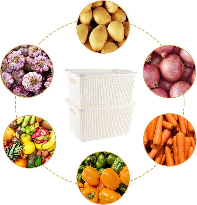 Onion and Potato Storage Bins,Stackable Plastic Pantry Bins with Lids,BPA-Free,Potatos and Onions Storage Baskets for Kitchen (White)