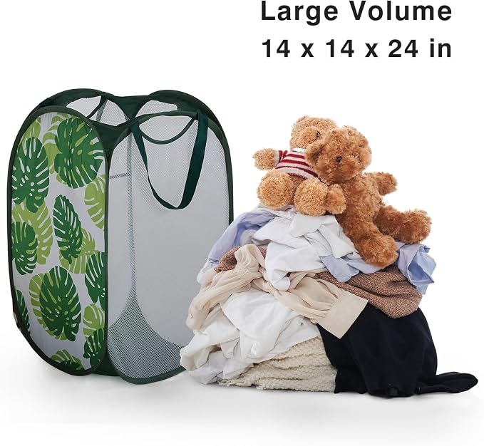 TECHMILLY Collapsible Mesh Pop Up Laundry Hamper with Sturdy Handles and Side Pocket - Portable Foldable Clothes Baskets for Dorm, Bathroom & Travel Storage (Green Leaf)