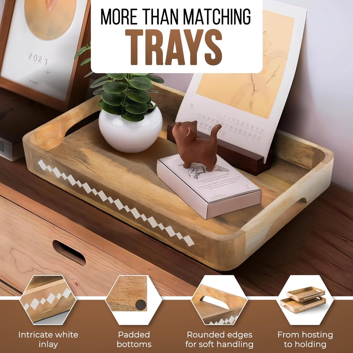 Mela Artisans Wooden Serving Tray Set of 2 with Handles | Mango Wood Decorative Trays | 15x10x1.75 & 13x9x1.75 | Ottoman Tray | Snacks | Desserts | Bread | Coffee Table | Bedroom | Rounded Edge