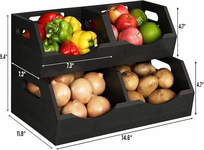 Potato and Onion Storage Bin, 2 Tier Bamboo Kitchen Storage Rack, Stackable Ventilated Pantry Organizer with Handles for Garlic Peppers Vegetables, Countertop Produce Bins, Black(Assembly Required)