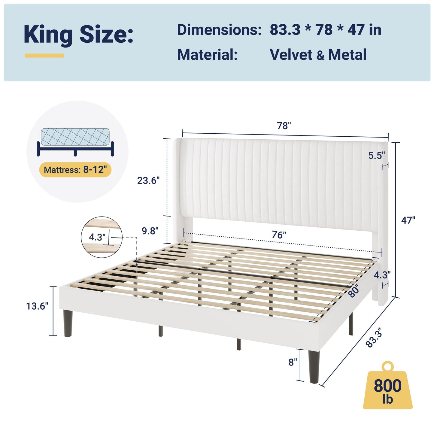 Allewie King Size Velvet Bed Frame/Vertical Channel Tufted Wingback Headboard/Upholstered Platform Bed/No Box Spring Needed/Strong Wooden Slats/Easy Assembly/White