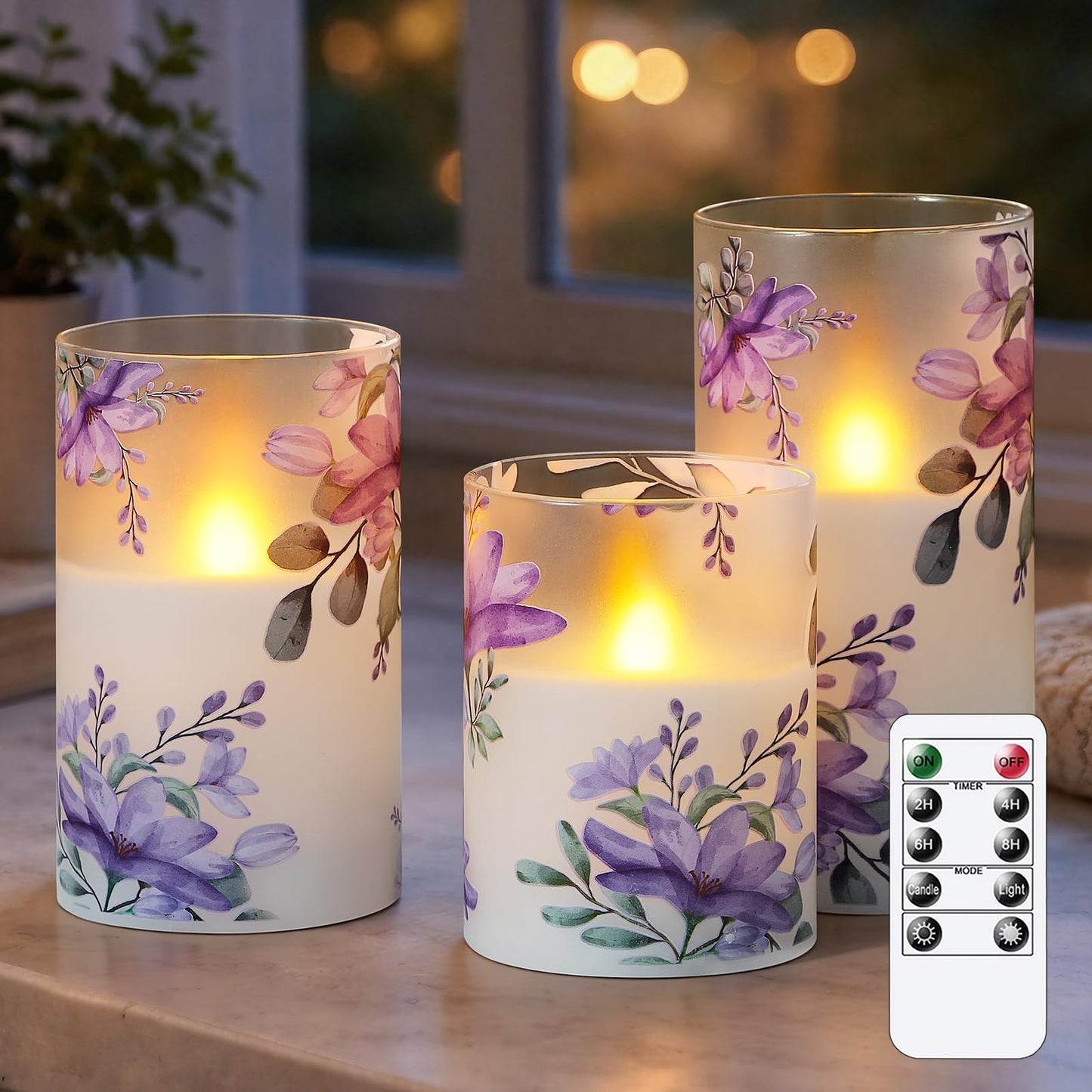 Wroxipel Pack of 3 Flameless Daily Timer Flickering Real Wax Pillar Candles, 3" x 4" 5" 6" LED Battery Operated Purple Flowers Glass Warm Light with Remote Control