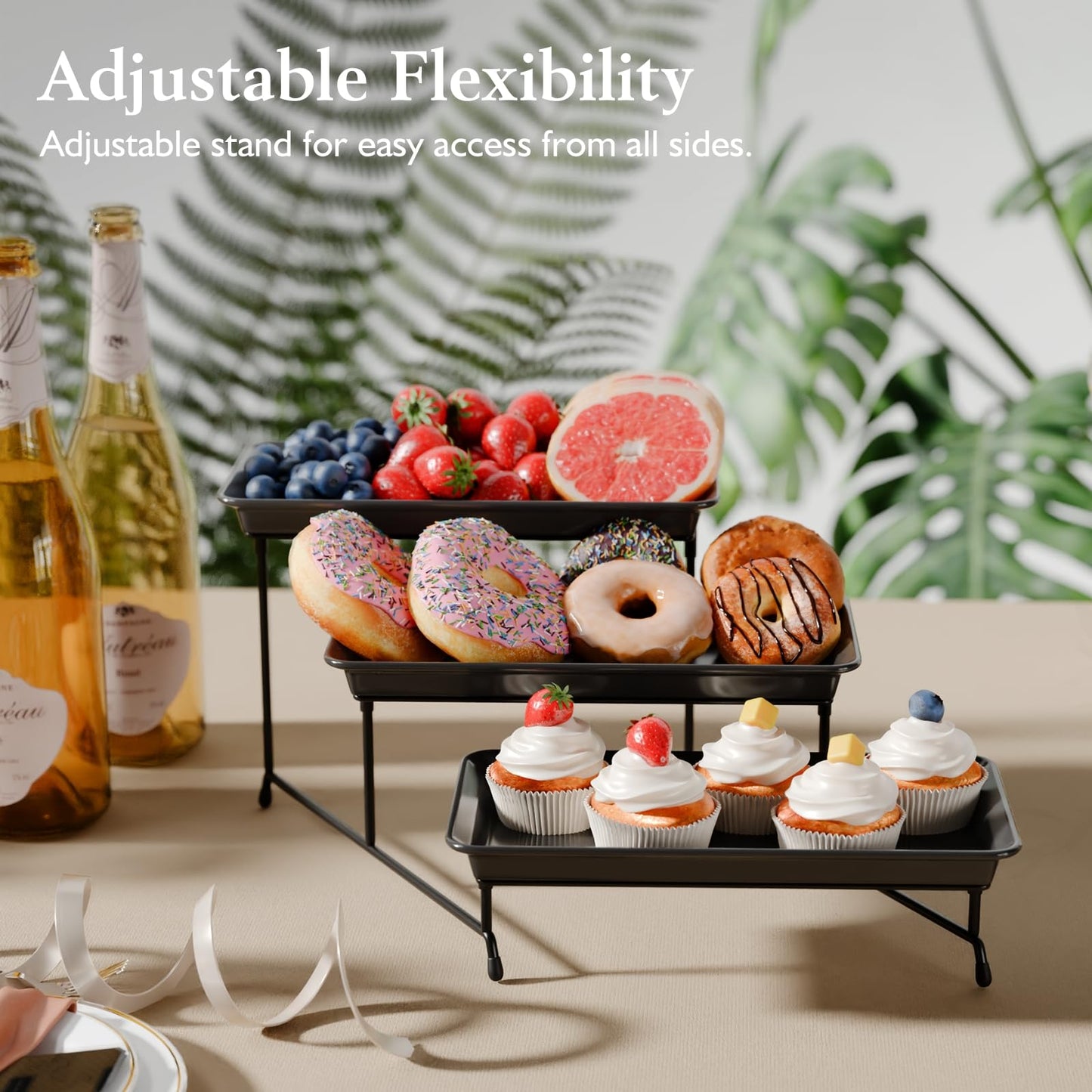 3-Tier Melamine Serving Tray Set, 11.5" x 5.6" Platters for Serving Food, Black Reusable Trays with Black Metal Display Stand for Cupcakes, Sevring Food, Dessert, Fruit, Cookie, Black