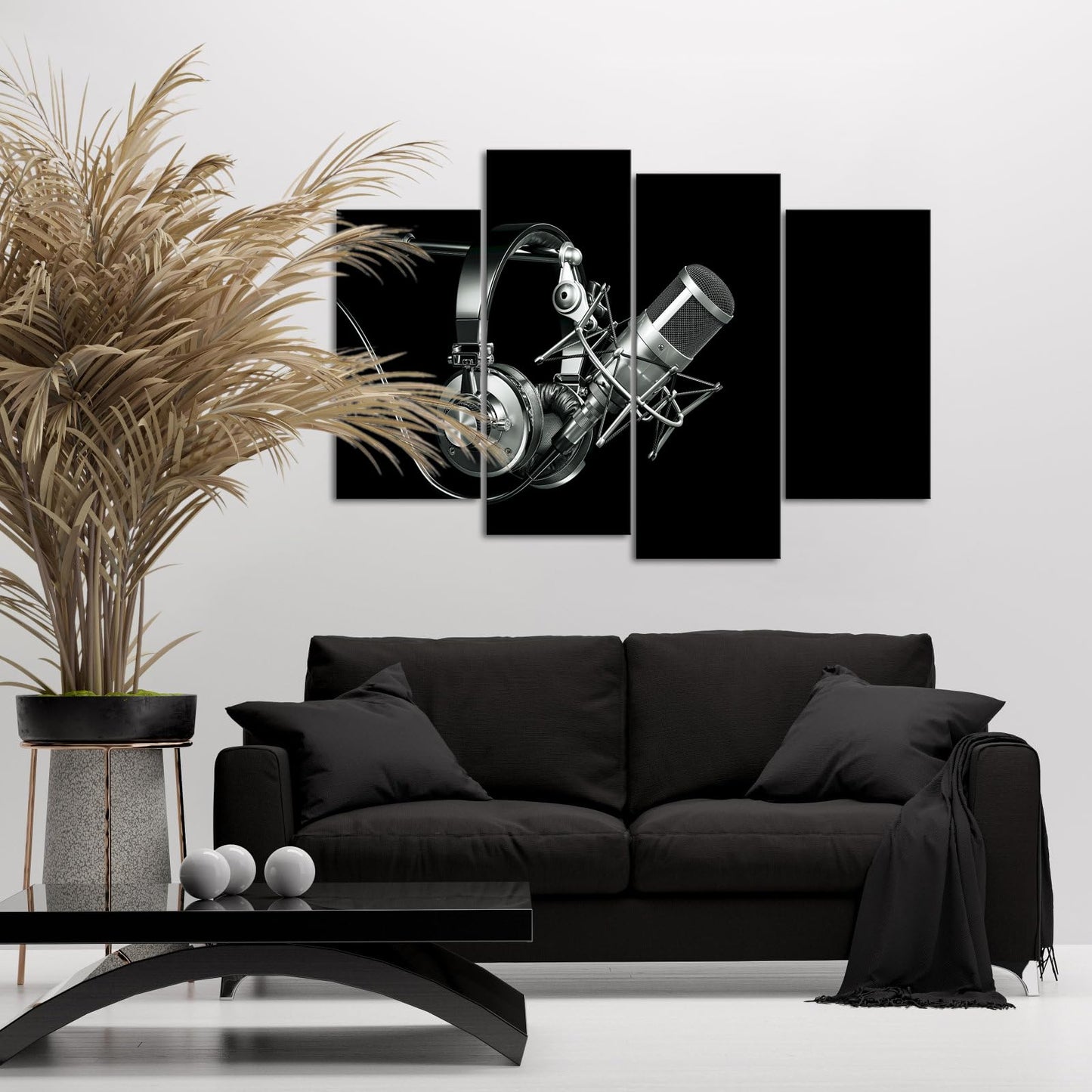 iKNOW FOTO 4pcs Black and White Headphones on Microphone Stand Canvas Print Wall Art Audio Recording Studio Equipment Pictures Musical Painting Contemporary Music Room Decorations 48x33