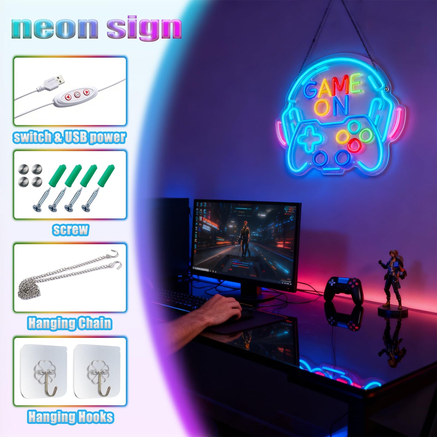 Dimmable Gamer Neon Sign, Game Controller Shaped LED Neon Sign for Gaming Room Decor, 15"x13" USB Powered Adjustable Brightness Gamepad LED Sign for Boys Room, Cool Gamer Gift for Teens and Kids