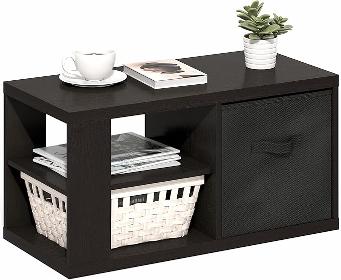 Furinno Viola Coffee Table, 3-Tier Modern Center Table with 1.2 Thick Tabletop, Side Table with Open Shelf and Storage Bin, for Living Room, Bedroom, Home Office, Black Dark Oak