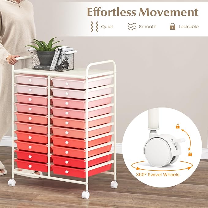 COSTWAY 20-Drawer Rolling Storage Cart, Utility Storage Organizer Cart for Tools, Scrapbook, Paper, Craft, Multipurpose Storage Trolley on Wheels for Home Office School, Mixed Pink