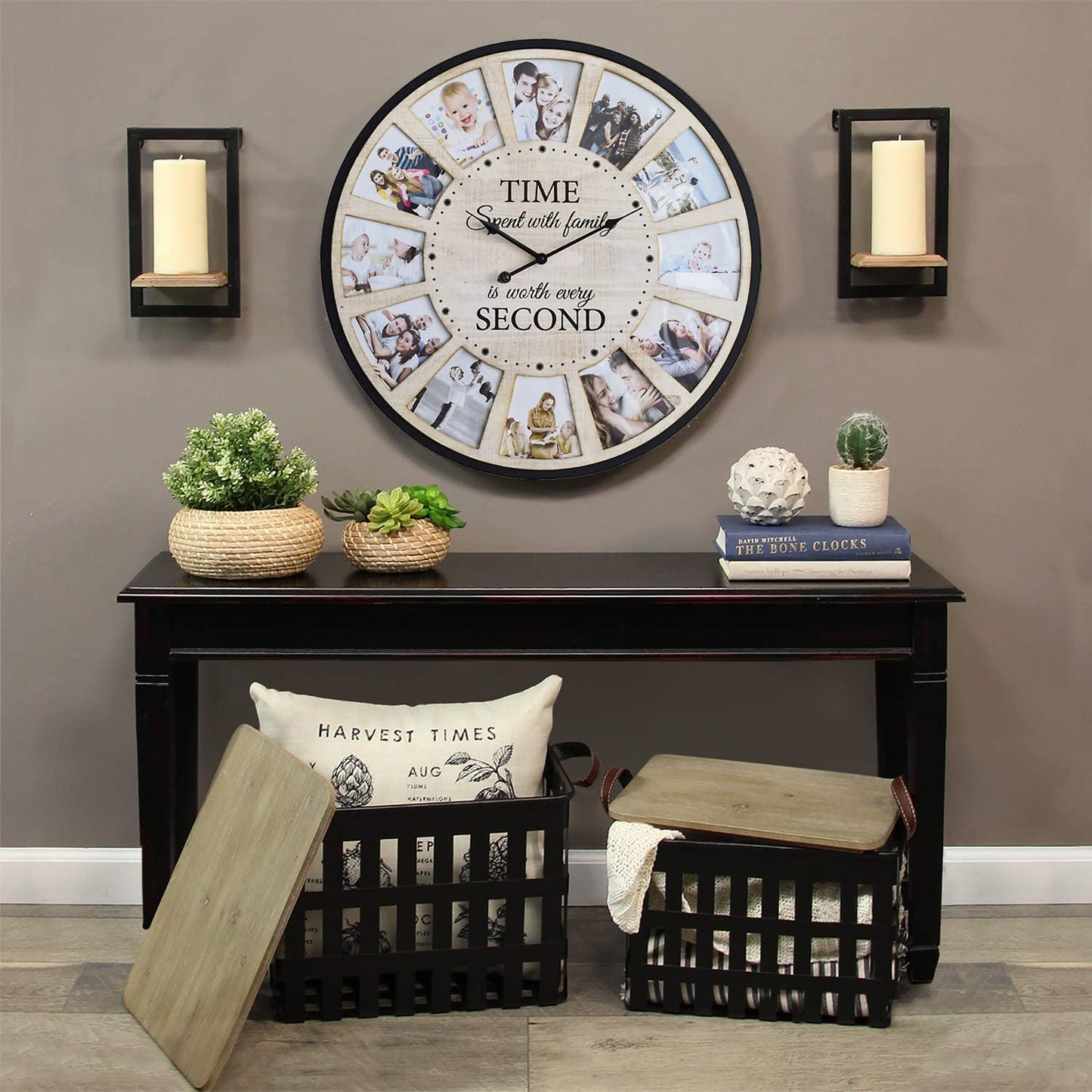 JUMBO HUMBLE 12 Photo Collage Rustic Wood Farmhouse Wall Clock, Large Family Picture Wall Clock for Living Room, Home, Kitchen, Silent Battery Powered 24 Inch Natural