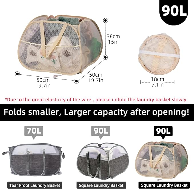 Collapsible Laundry Basket, 90L Foldable Pop Up Laundry Hamper with Handles, Mesh Dirty Clothes Hamper for Laundry, Bathroom, Kids Room, Dorm,Travel or Camping (Beige, 2PCS)