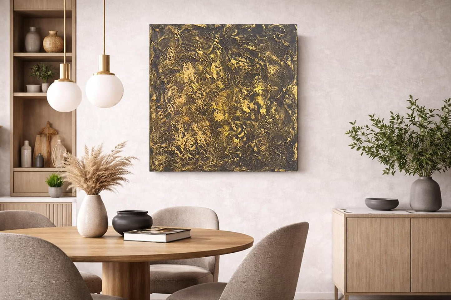 Rinsiken Hand Painted Black and Gold Abstract Wall Art 24x24 Inch Cotton Canvas Painting Ready to Hang Modern Decor for Living Room Office
