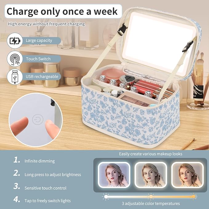 Makeup Bag With LED Mirror, Lightweight Travel Makeup Bag With 3 Color Setting Light Up Mirror Cosmetic Makeup Organizer Vanity Case for Women Beauty Tools Accessories Rechargeable Train Case-Floral