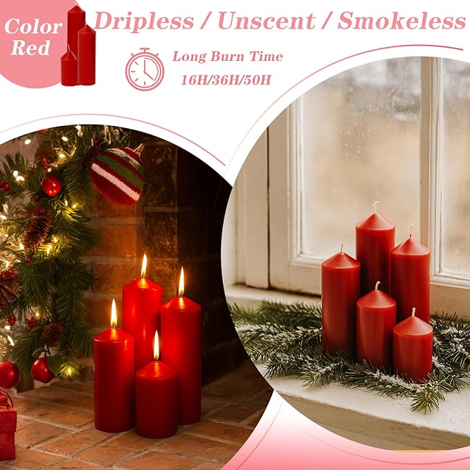 18 Pcs Red Pillar Candles Bulk Set，Hurricane Candlesï¼? Different Lengths (6 Each)，Dripless Unscented Smokeless，Gives You a Better Atmosphere When Organizing Wedding or Event Party.