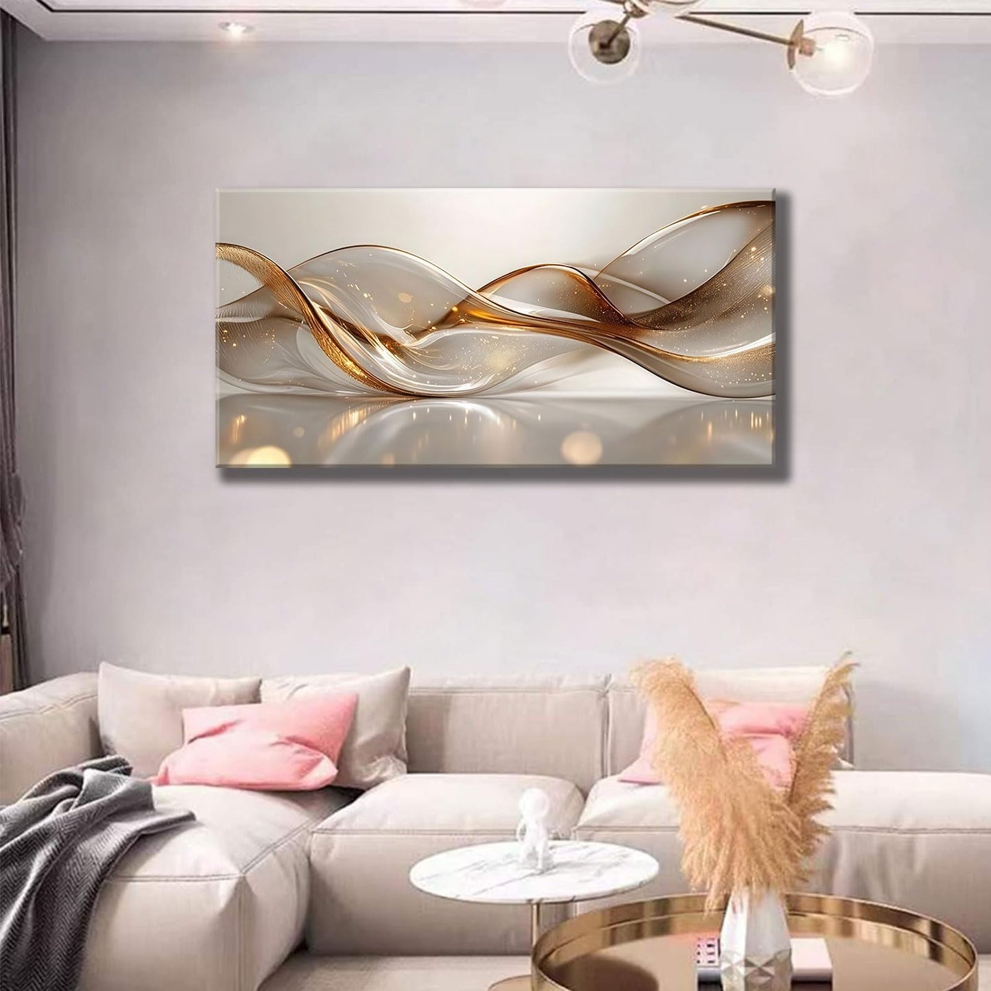 Modern Large Living Room Canvas Wall Art Gold Abstract Lines Decor painting Pictures Transparent Wave Neutral Posters Prints for Bathroom Bedroom Office Hallway Home Decoration
