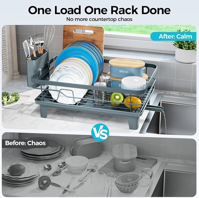 Urackify Dish Drying Rack for Kitchen Counter, Sink Dish Rack with Drainboard, Large Dish Drainer with Cups Holder, Home Countertop Plate Dryer Storage Rack with Cutlery Holder, Blue