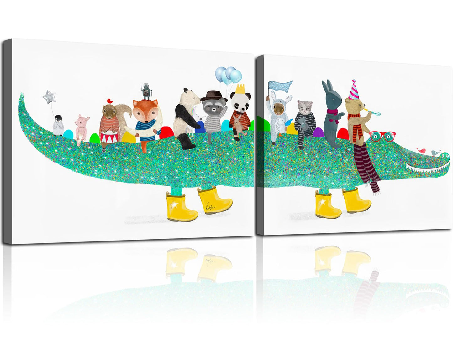 2 Pcs Framed Alligator Cute Animal Funny Cartoon Wall Art Decor Canvas Print Picture Modern Poster Gallery Bedroom Living Room Baby Room Kids Playroom 12x16 Inch Ready to Hang