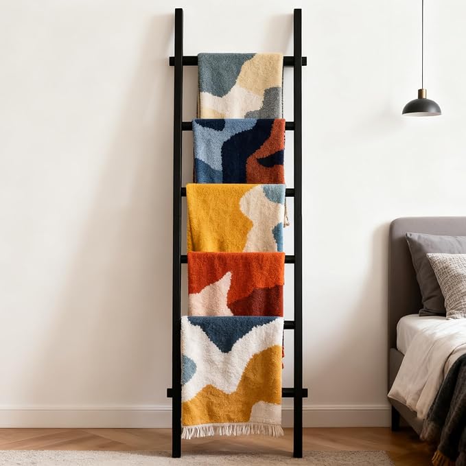 Wooden Blanket Ladder - Natural & Motley Wood - Leaning Wall Decor for Bedroom, Bathroom, Living Room - Rustic Quilt Holder & Towel Rack (Black Wood Color, 76in（6-Tier）)