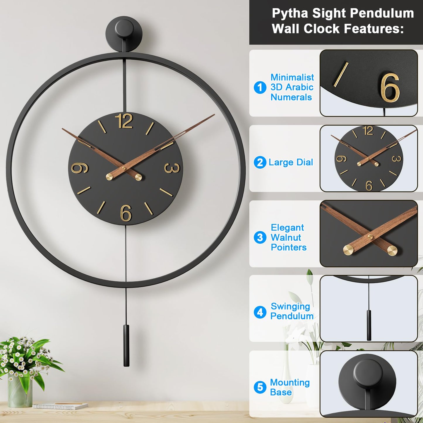 30.7×20 Inch Large Modern Decorative Wall Clocks for Living Room,Big Metal Minimalist 3D Arabic Numeral Dial,Farmhouse Pendulum Wall Clock With Elegant Walnut Pointers for Office,Dining Room Decor