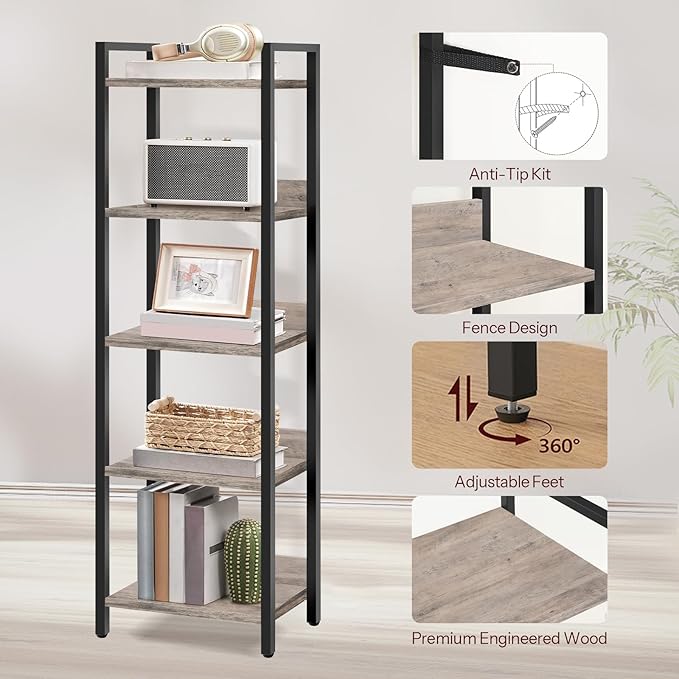 MAHANCRIS 5-Tier Bookshelf, Bookcase, Shelves Organizer for Small Spaces, Storage Shelf Organizer, for Living Room, Bedroom, Study, Balcony, Greige and Black BKHG5501