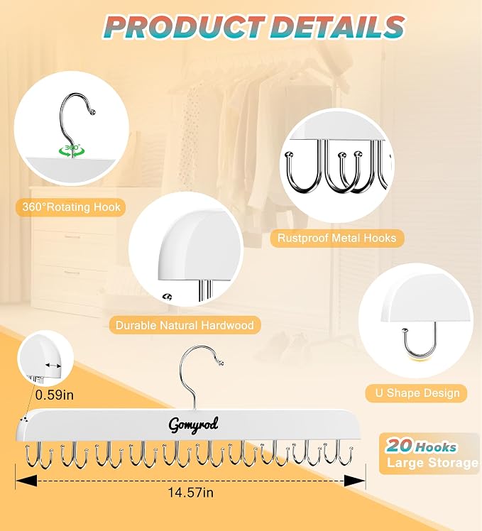 Gomyrod Bra Hanger for Closet, 1 Pack Tank Top Hanger w/20 Hooks Capacity Foldable Wood Space Saving Hangers, 360°Rotating Closet Organizers and Storage for Dorm & Apartment for Bra Scarf Ties(White)