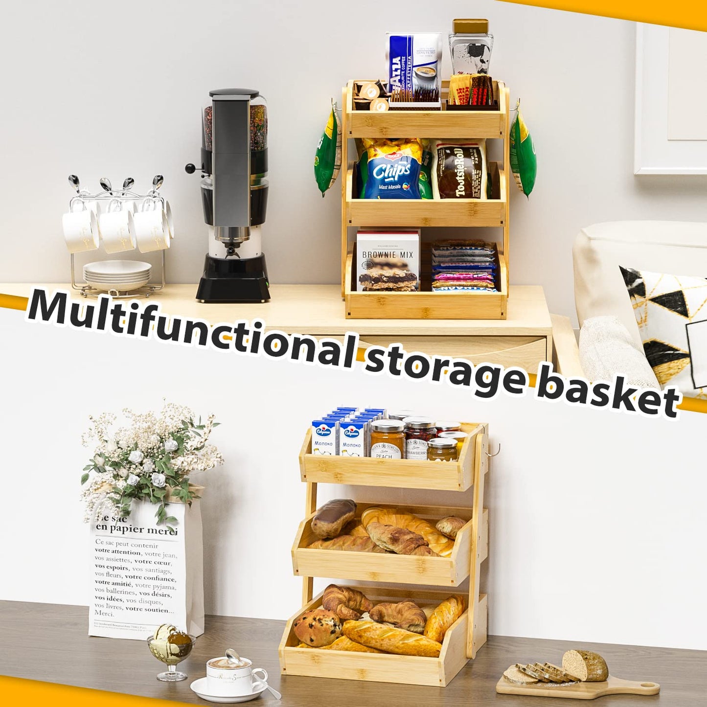 Gmtsl Bamboo Fruit Basket for Kitchen – 3 Tier Fruit Bowl For Kitchen Counter, Large Fruit Holder With 2 Banana Hangers, Idea For Fruit and Vegetable Storage, Bread Basket, Snack Organizer(Bamboo)