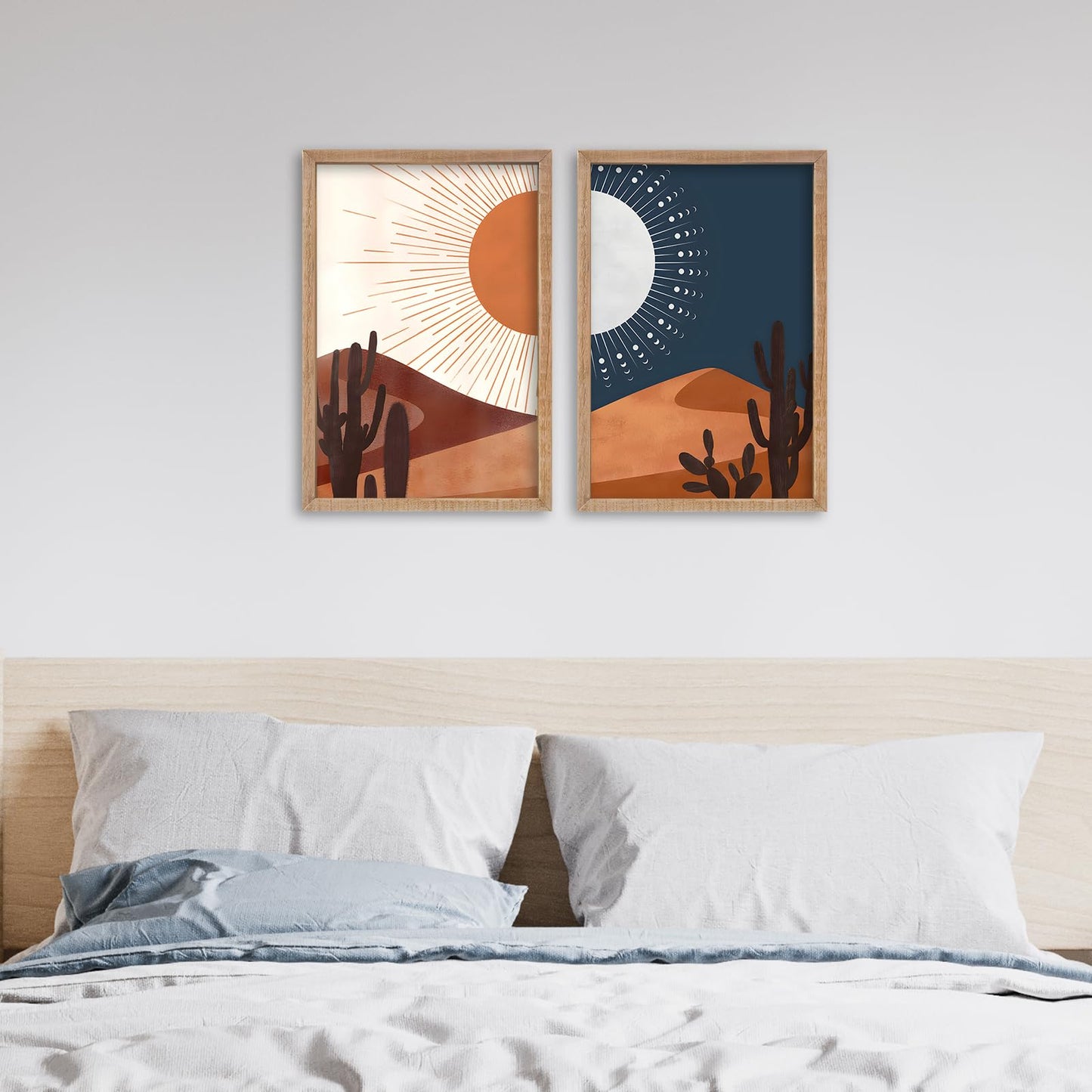 SRSZHIYUE Desert Cactus Landscape Day and Night Wall Art 16x11 Inch 2 Pieces Boho Abstract Wall Decor for Living Room Wooden Framed Hanging (Wood)