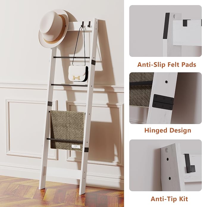 TRIFEBLE 6 Tier Blanket Ladder Shelf for Living Room and Bedroom, Ladder Holder with 4 Metal Hooks, 5.2ft Blanket Quilt Holder Rack, Farmhouse Ladder Rack for Storage and Home Decor, White