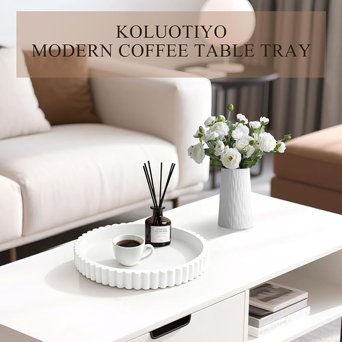 Decorative Tray for Coffee Table Decor, 11" Round Wooden Coffee Table Tray, Modern Decorative Trays for Home Decor, Living Room, Entry, Dining Room (White)