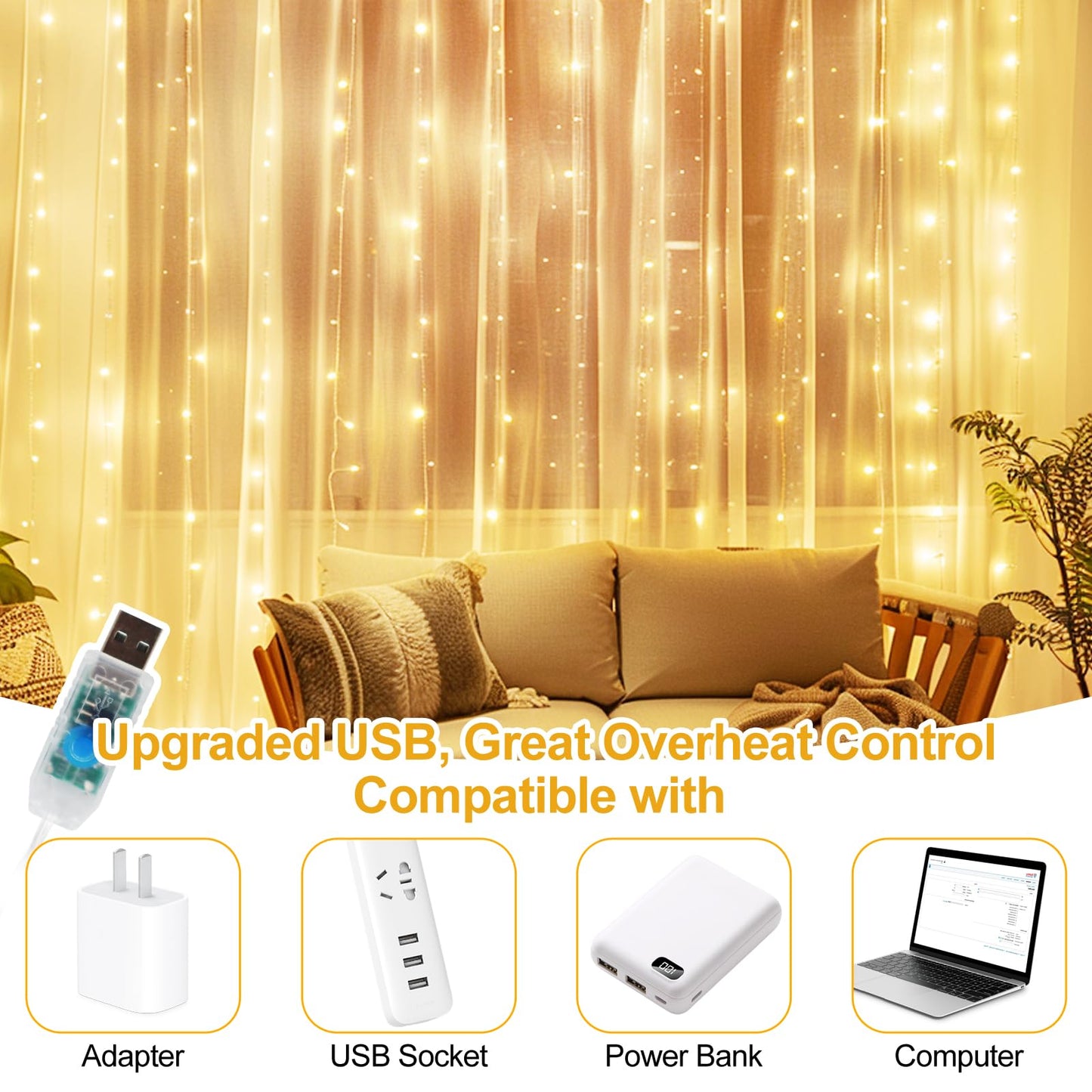 HOLITS 200 LED Fairy Curtain Lights, 6.6 x 6.6 FT Warm White USB Plug in 8 Modes Hanging Lights with Remote for Christmas, Bedroom, Indoor, Outdoor, Weddings, Party (Warm White)