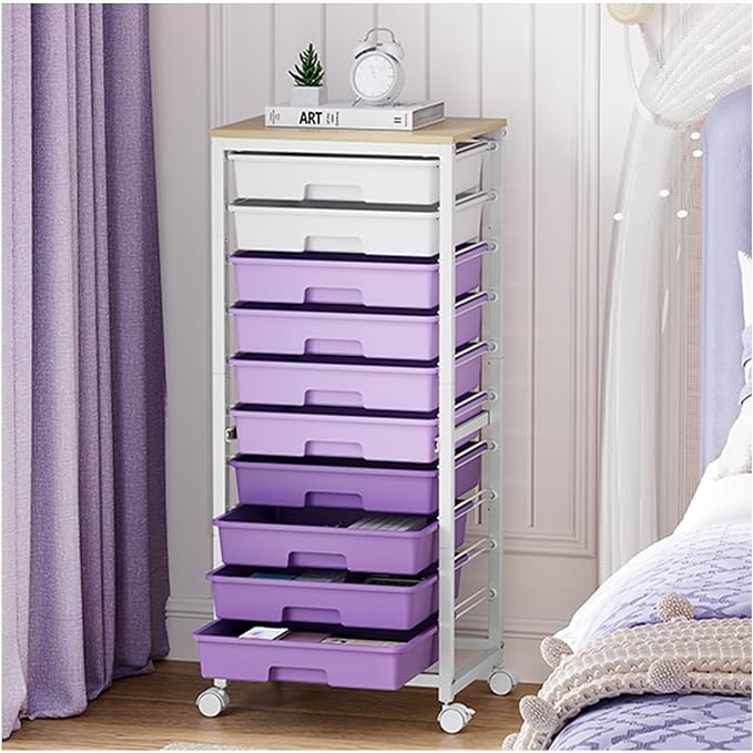 SYKIARIOL Rolling Cart with Drawers,10 Drawer Rolling Cart,Storage Cart with Wheels,Utility Cart with Drawers,Teacher Cart for Classroom Storage,Craft Cart with Wheels and Wooden Tabletop,Purple