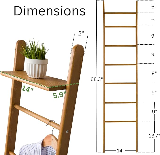 Solid Pine Wood Blanket Ladder for Living Room Bathroom Organizer Shelves, 7-Tier 5-Tier Freestanding Shelf, Freestanding Towel Rack Extra Storage, Wall-Leaning (Oak, Large)