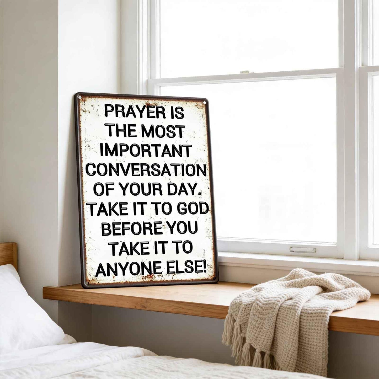 Christian Prayer Metal Wall Art Prayer Is The Most Important Conversation Decor Painting Pictures Black white Signs posters Prints for Interior Outdoor Room Home Nook Study Decoration 8x12In