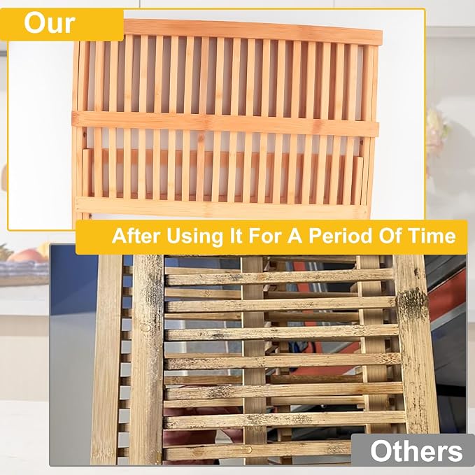 Tefola Bamboo Dish Drying Rack, 2-Tier Foldable Design with Utensil Holder, Kitchen Plate Rack Dish Drainer Rack Dish Racks for Kitchen Counter, 16.5 x 17 inches