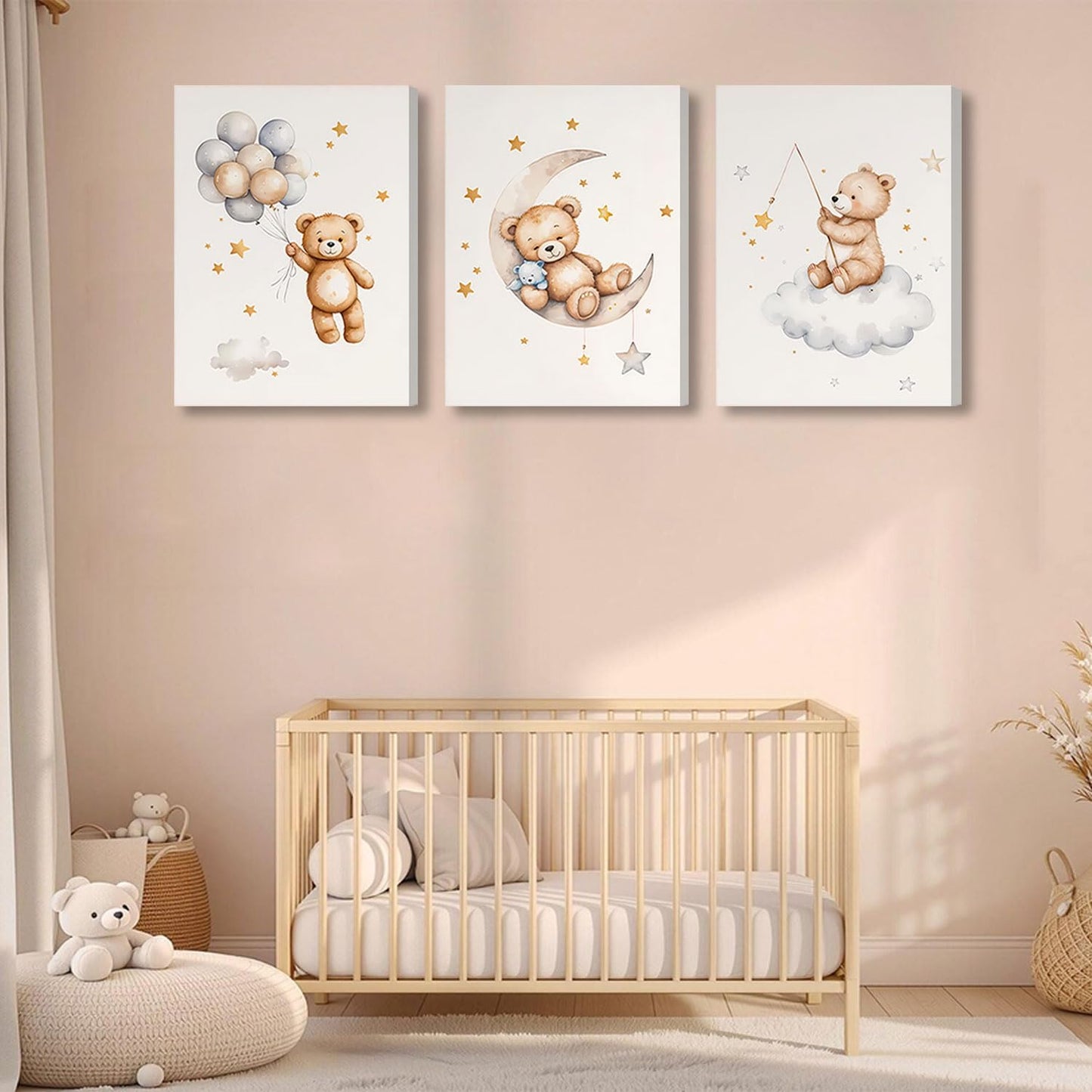 3 Pcs Framed Teddy Bear Nursery Canvas Wall Art Bear Sleeping on The Moon and Stars Wall Decor Pictures Balloon Cloud Neutral Poster Prints for Kids Baby Room Kindergarten Home Decoration 12x16in