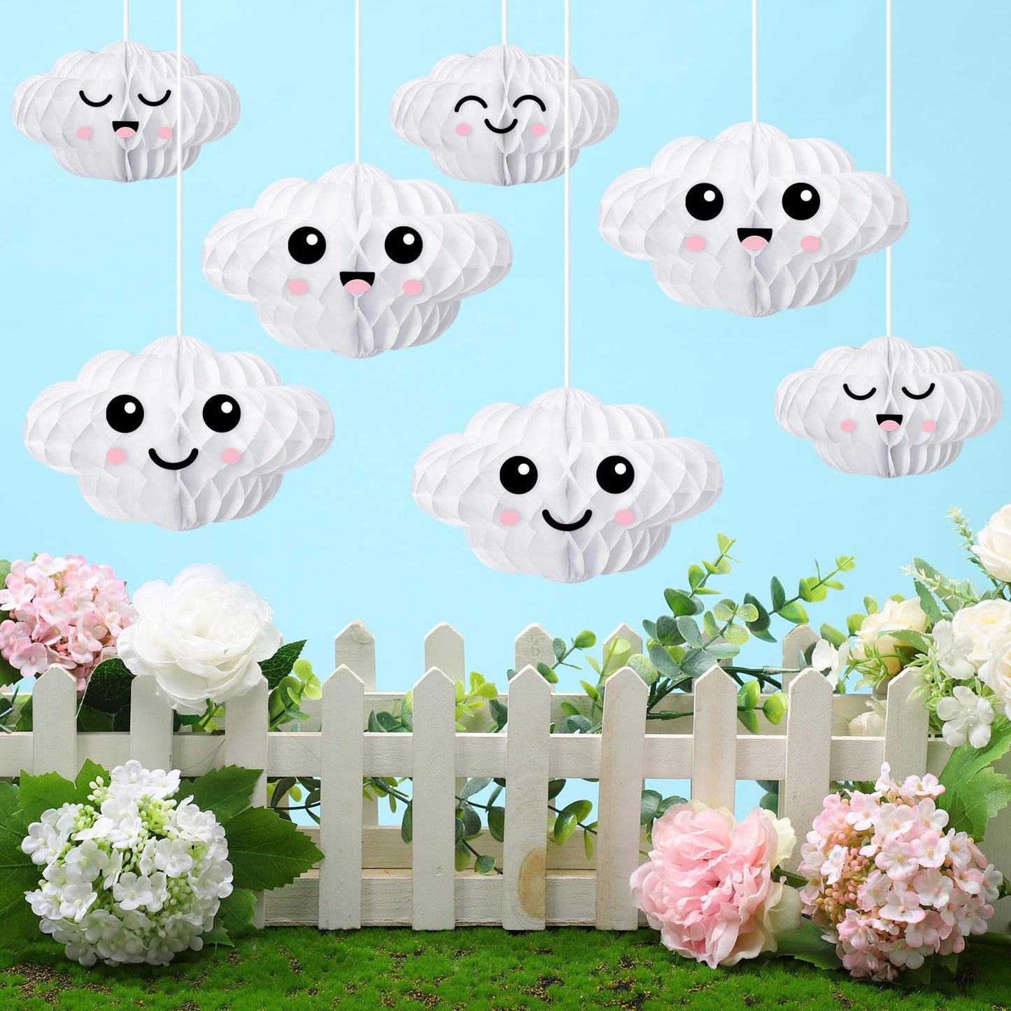 Affrolling 20 Pcs 3D Cloud Decorations Hanging Honeycomb Decor Artificial Cloud Ornaments for Ceiling Art Wedding Birthday Nursery Room Baby Shower Party Decorations (Medium,Cute Style)