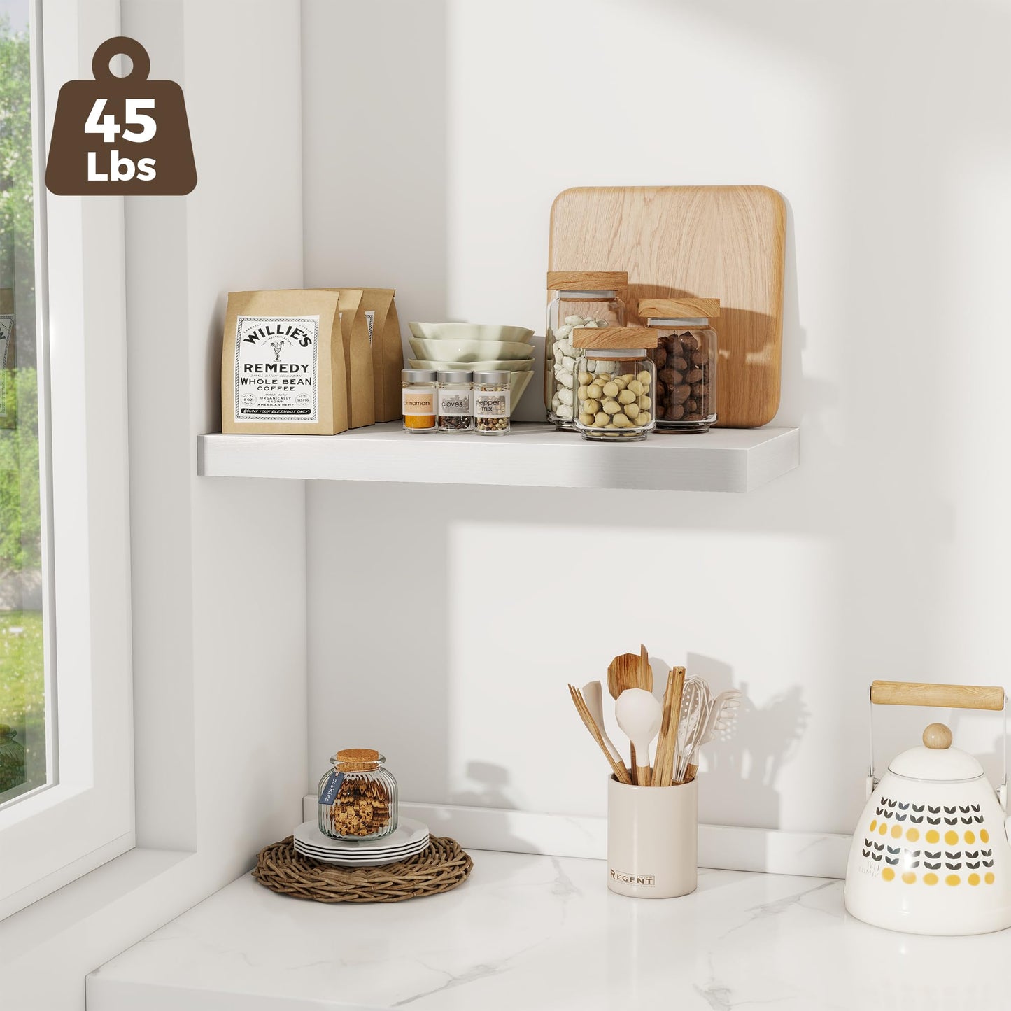 Fun Memories 24 x 12 Inch Deep Floating Shelves, 12 Inch Deep Rustic Wooden Book Shelf, Extra Deeper & Thicker Hanging Shelves for Living Room, Bathroom, Bedroom, Kitchen, Office, Set of 3 (White)