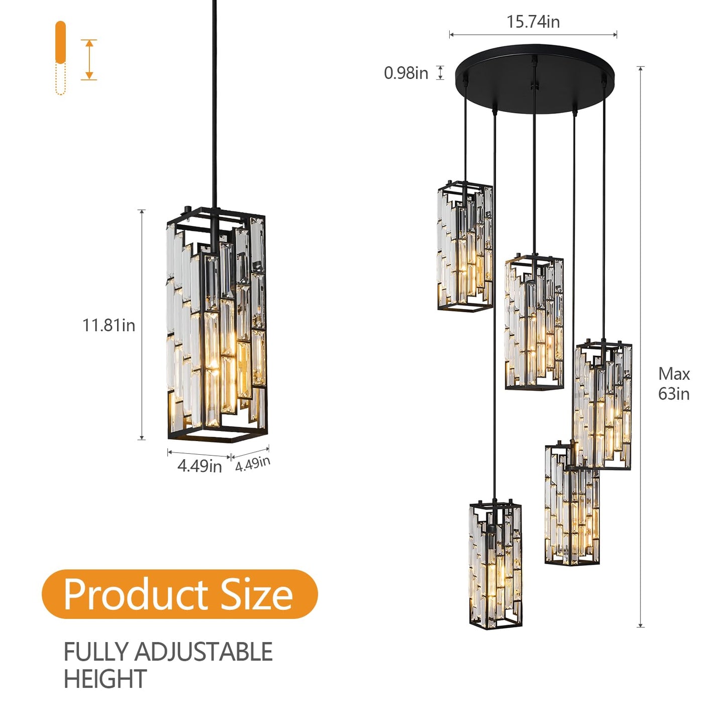 FDPBY Black Pendant Lighting Modern Pendant Light, Mini Crystal Chandeliers,Adjustable Pendant Light Fixture for Kitchen Island Dinning Room Bedroom (5 Light)