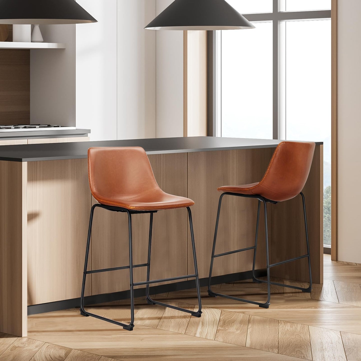 DUMOS 26 Inch Counter Height Bar Stools Set of 4, Modern Faux Leather High Barstools with Back and Metal Leg, Bar Chairs for Kitchen Island, Brown