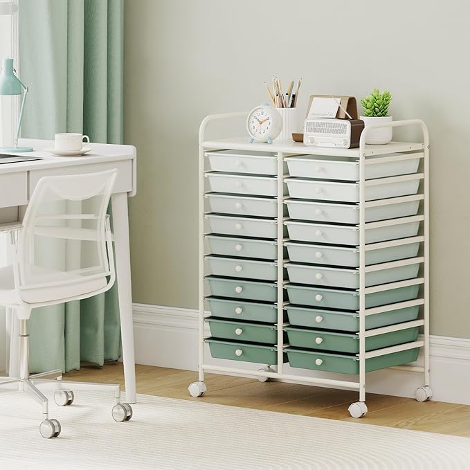 Giantex 20 Drawers Rolling Cart, Mobile Storage Drawer Cart, Classroom Organizer Cart for Office School Supplies Tools Scrapbook Paper Craft Small Printer, Utility Cart on Wheels, Green Gradient