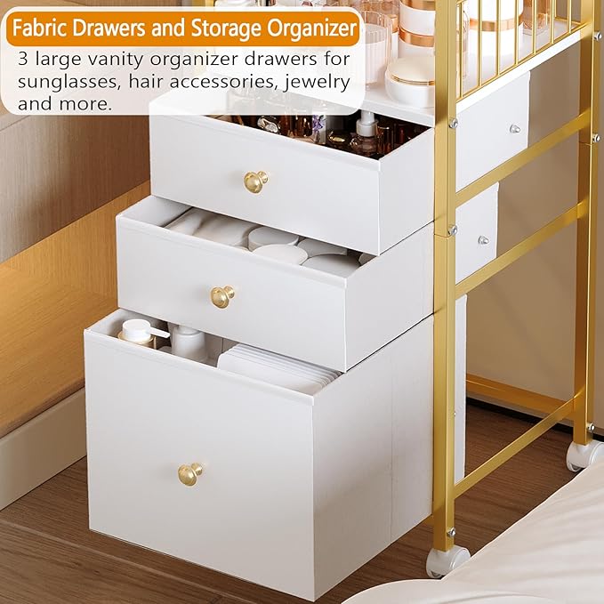 Makeup Cart Organizer with Mirror, Floor Makeup Organizer Large- Make Up Organizers Vanity Cart Cosmetic Display Cases Holder for Skin Care Perfume Nail Polish Brush Hair Tool (Gold)