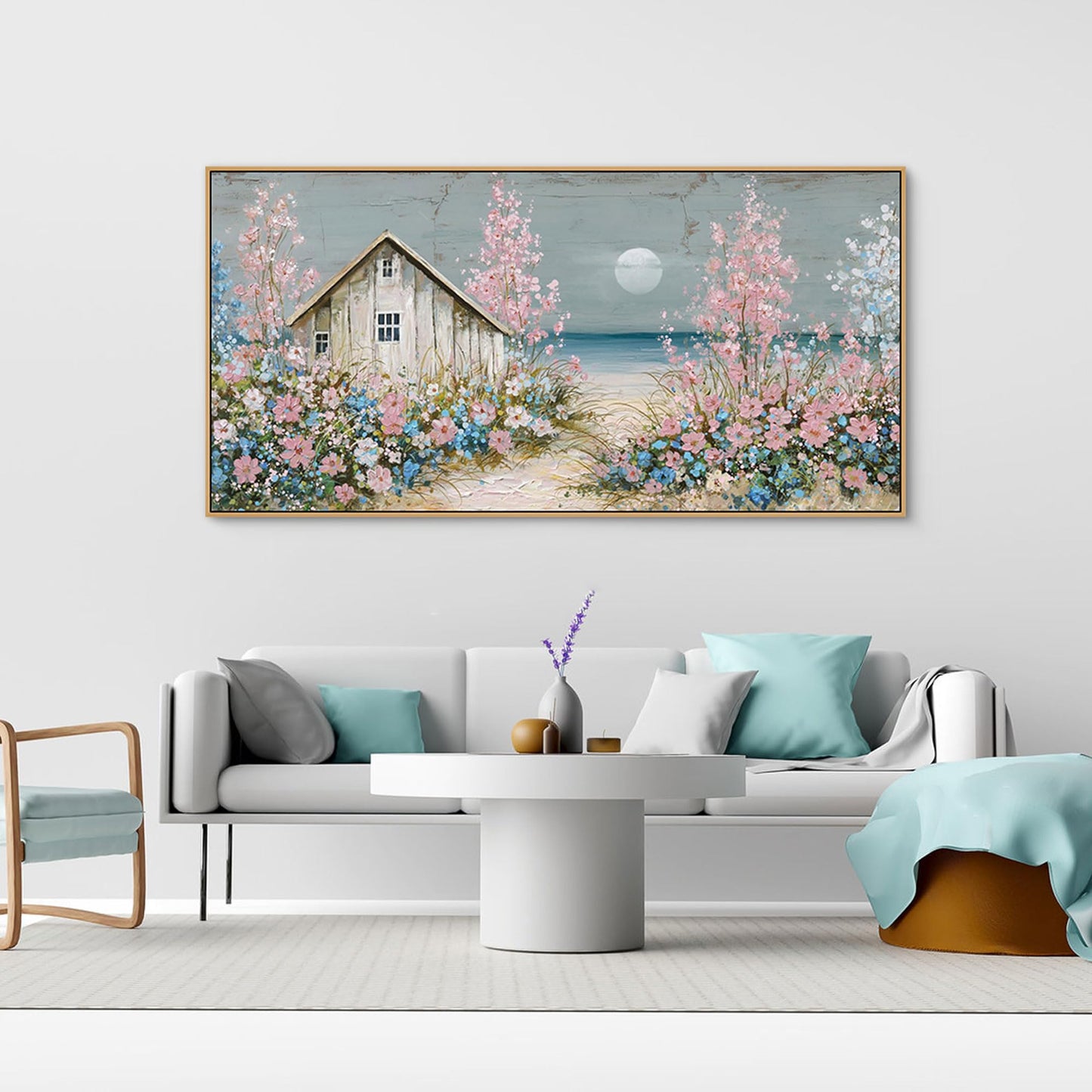 yiijeah Beach Wall Art Large Landscape Canvas Coastal Pink Picture Horizontal Artwork for Walls Ocean Prints Big Paintings Living Room Bedroom Office Home Decor 48x24 Inches