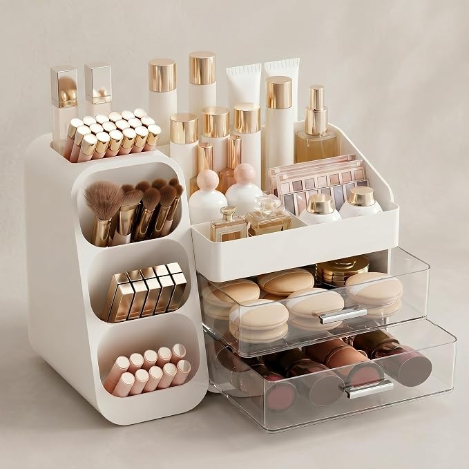 Makeup Organizer for Vanity - Large Skincare Organizers Countertop, Cosmetic Organizer with Brush Holder and 2 Drawer, Makeup Storage for Lipsticks, Nail Polishes, Eyeshadow Palettes, White