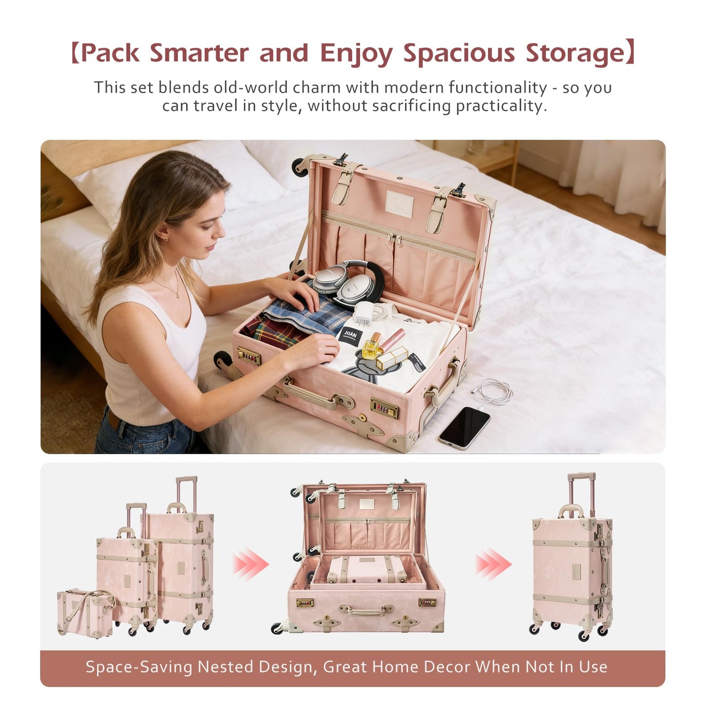 UNIWALKER Vintage Leather Suitcase Set of 2, Retro Trunk Style Spinner Luggage with Cosmetic Train Bag for Women(Velvet Pink, 26''+12'')