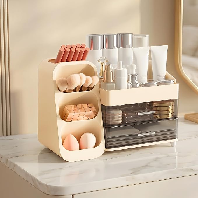 Brothersbox Makeup Organizer with Brush Holder for Vanity, Large Countertop Skincare Storage with 2 Drawers, Holds Lipsticks, Nail Polishes, Perfumes, Brushes - Gift for Women, Cream