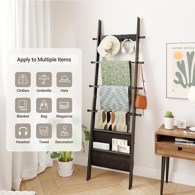 ELYKEN Blanket Ladder for Living Room, 5-Tier Wooden Towel Rack with Synthetic Leather Pocket, 4 Removable Hooks, Decorative Leaning Ladder Shelf for Bedroom, Black