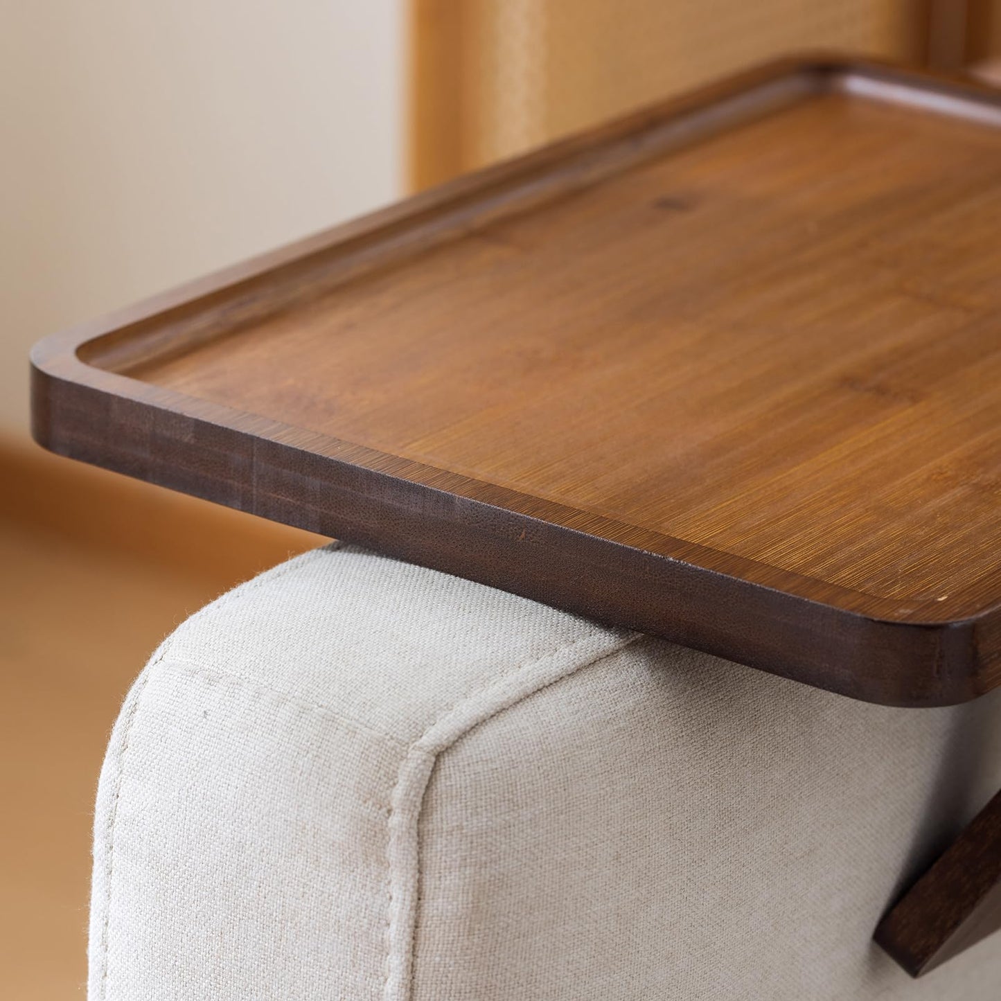 Bamboo Sofa Arm Tray Table, Foldable Clip-on Side Table, Wide Couch Cup Holder (Brown)