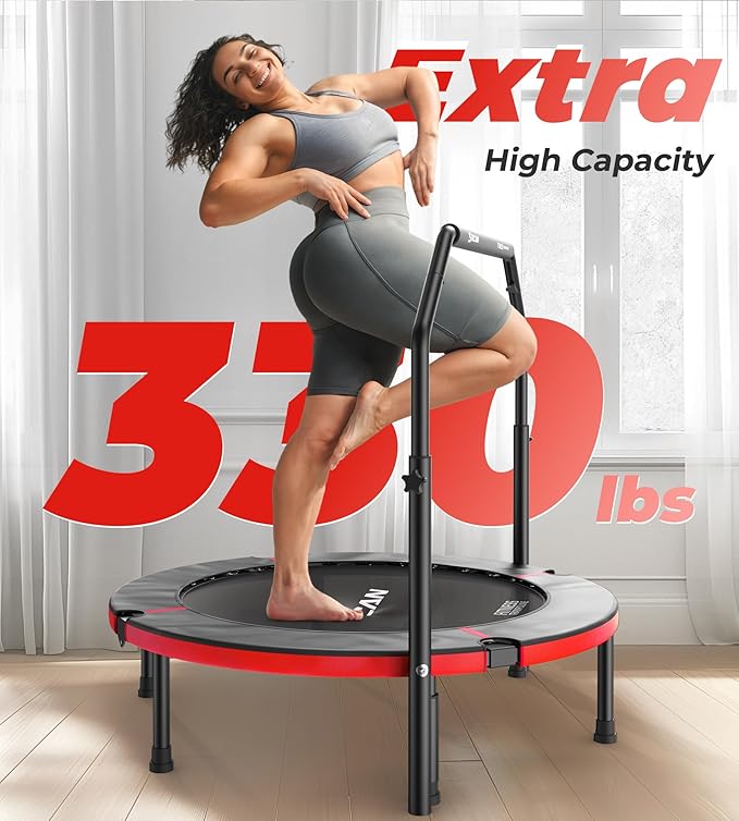 BCAN 40"/48" Foldable Mini Trampoline, Rebounder Trampoline for Adults, U/T Adjustable Foam Handle, Exercise Rebounder for Adults Indoor/Garden Workout, Max Load 330lbs/440lbs