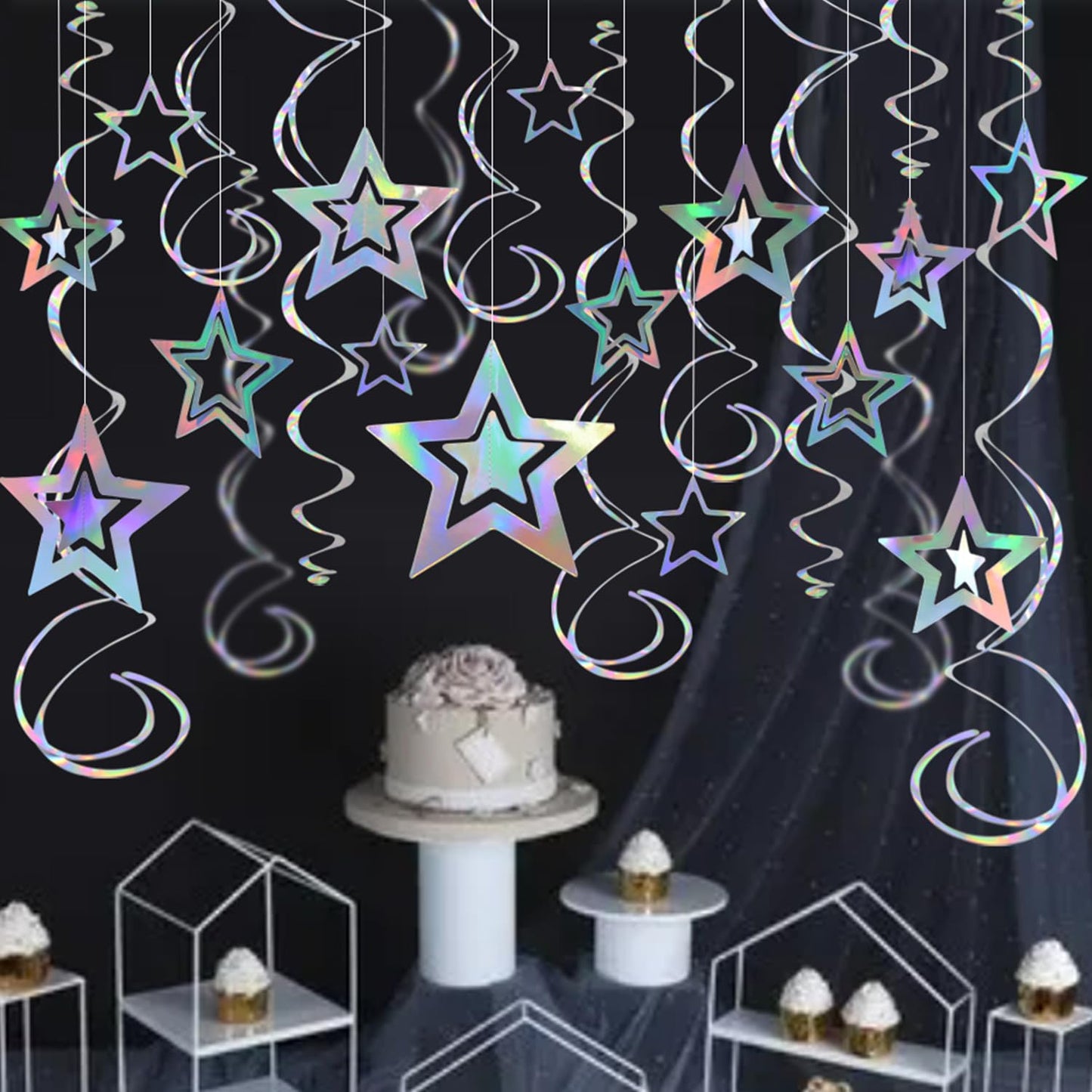 Iridescent 3D Hollow Star Garland with Holographic Foil Hanging Swirl Decorations Holographic Star Ornaments Bunting Banner Streamer for Birthday Baby Shower Wedding Ramadan EID Party Decor