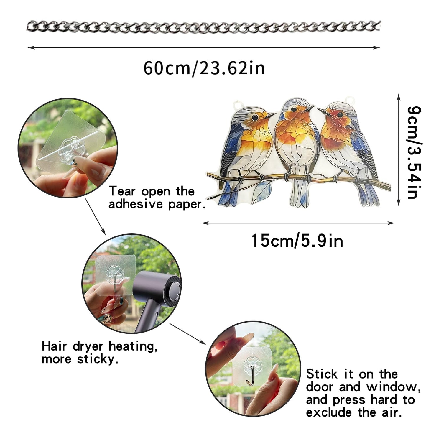 Stained Glass Window Hanging Bird 2D Stain Acrylic Panel Window Hanging Decor Gift for Women Mother's Day Christmas (15CM-Sparrow Bird)