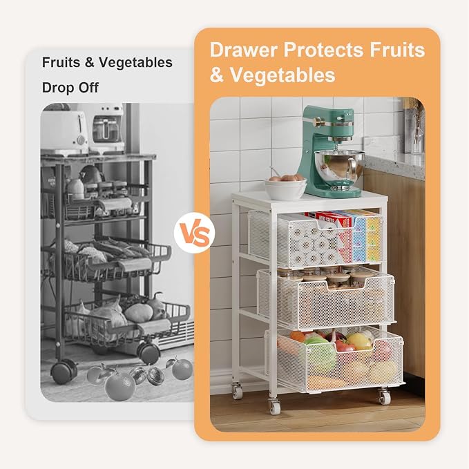Kitchen Cart with Storage, 3-Tier Pantry Organizer and Storage Cart with Drawer, Fruit Vegetable Storage Cart with Wheels, Wooden Top Metal Wire Kitchen Organizer Rack Stand for Snack Onion Potato